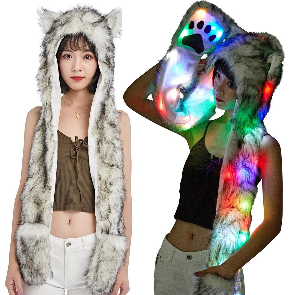 LED Light Up Wolf Hat Scarf Gloves Faux Fur Spirit Hood w/ Paws Cosplay Rave NEW